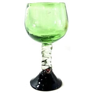 Vintage Hand Blown Art Glass Wine Goblet 7” Green Burgundy Base Twisted Stem